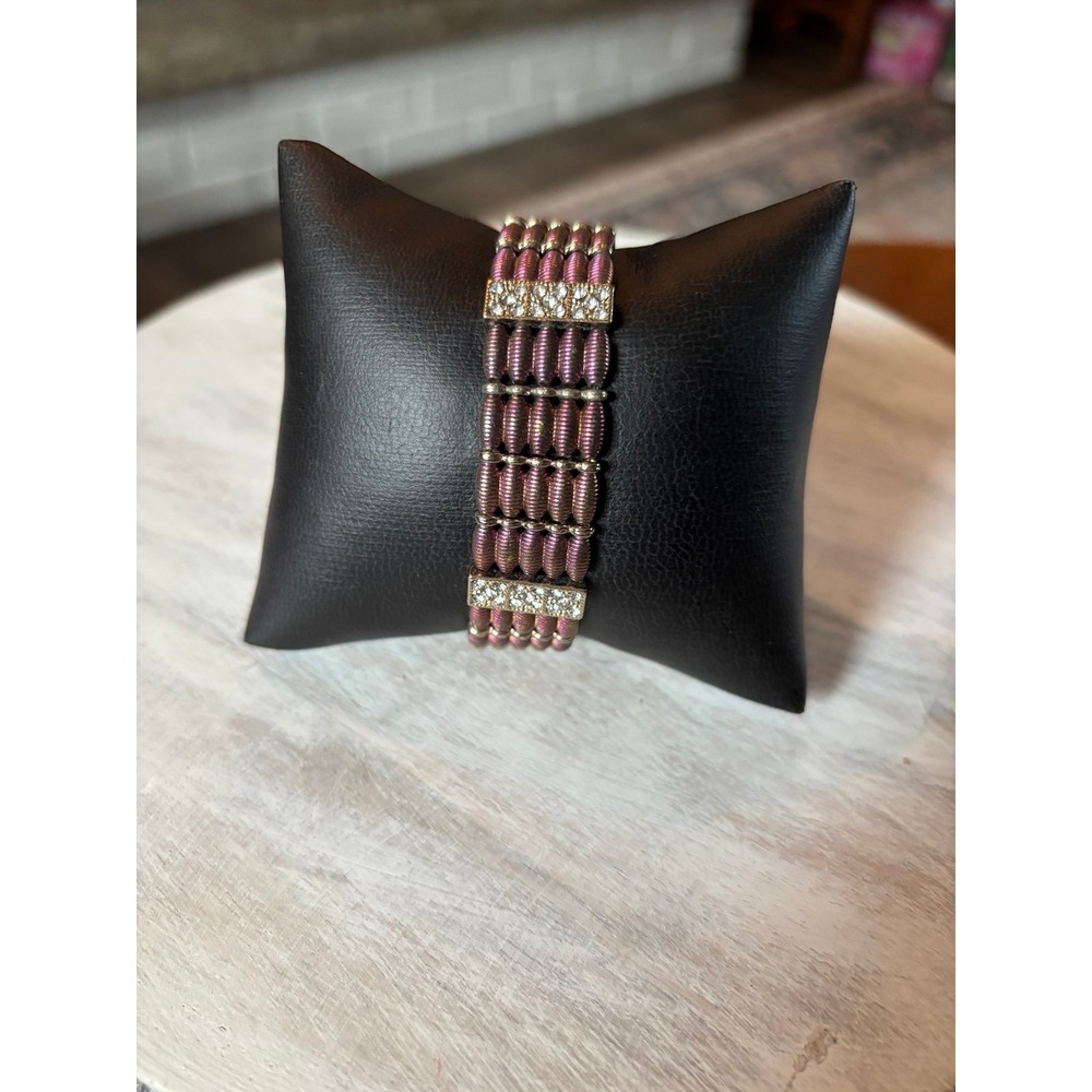 Vintage Iridescent Purple Stretch Cuff Bracelet Rhinestone Accents Bronze Tone